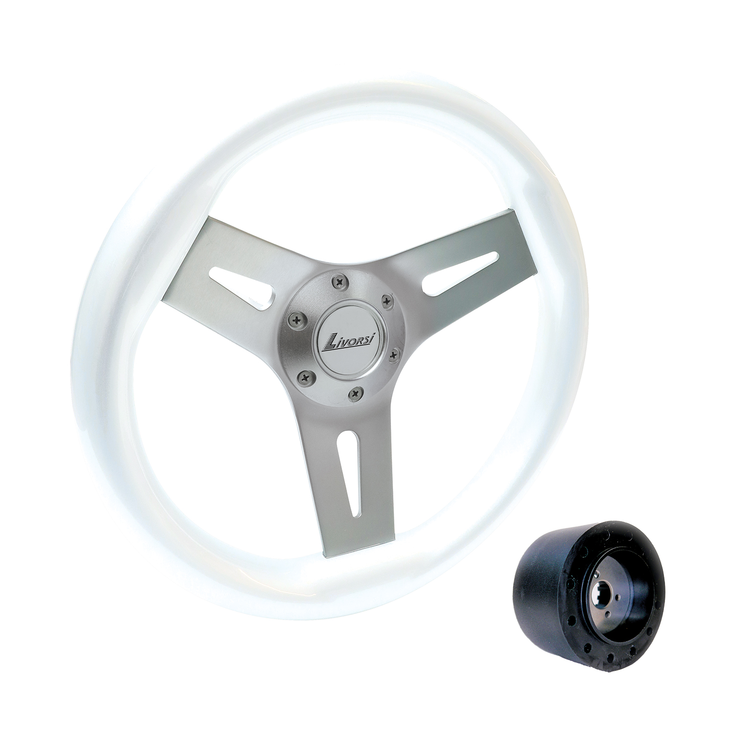 White Livorsi Mega Grip marine steering wheel – MGWALWK