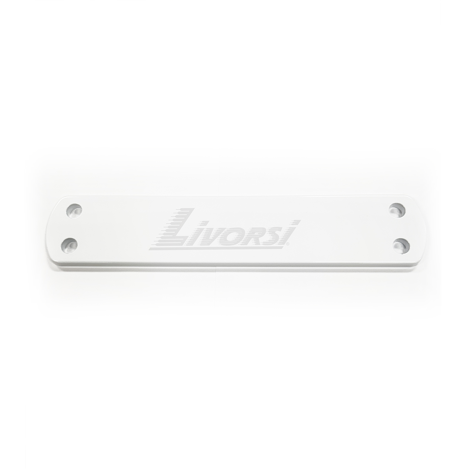 Large plate four hole, clear anodized aluminum, white powder coat and Livorsi logo – MP-2AL-L01W
