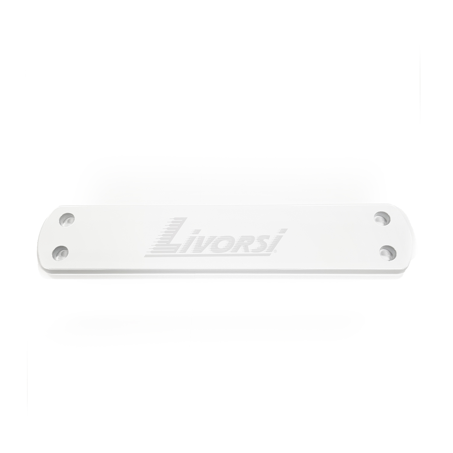 Large plate four hole, clear anodized aluminum, poweder coated white with Livorsi logo 3.13″ wide – MP-3AL-L01W