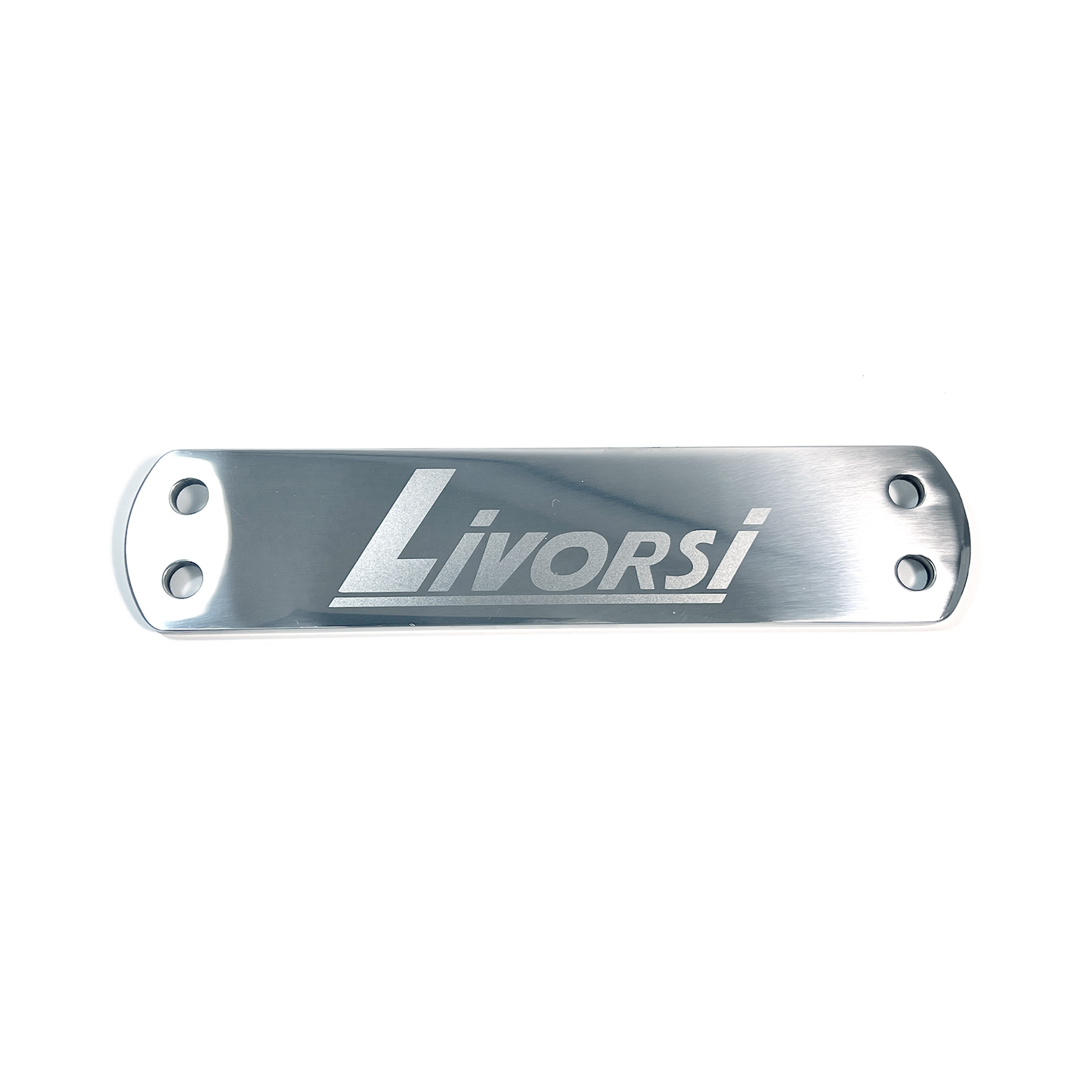 Large plate four hole, clear polished stainless steel, 3.13″ wide with Livorsi logo – MP-3SS-B01