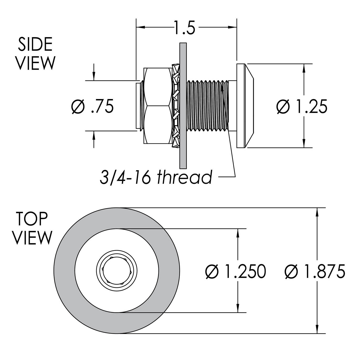 1/2″ Quick Release Fender Base with standard hex nut, no door and 1.5″ of threads – QRBSB-150 - Hover
