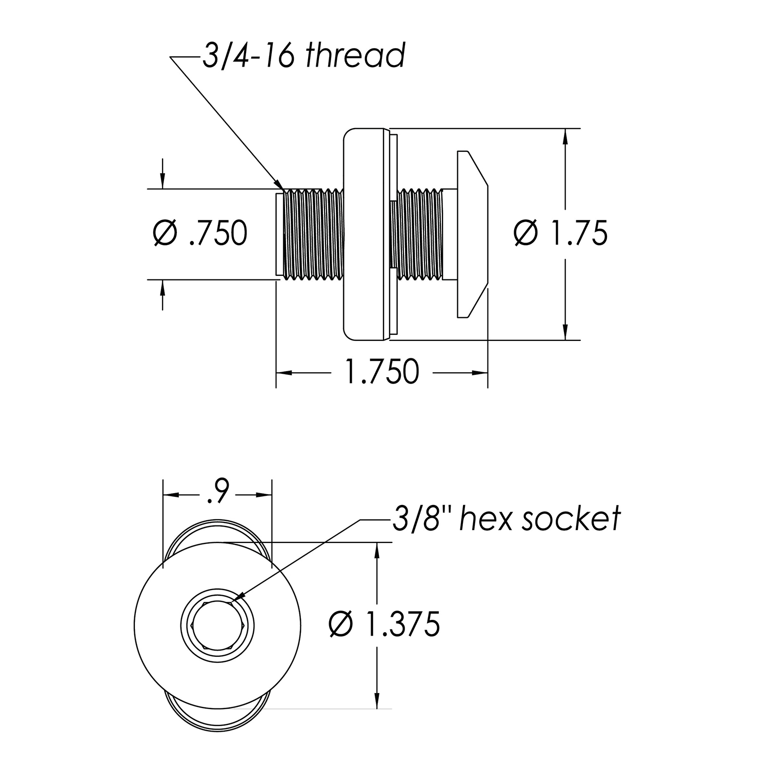 1/2″ Quick Release Fender Base with blind install nut, no door and 1.5″ of threads – QRBSBLH175BN - Hover