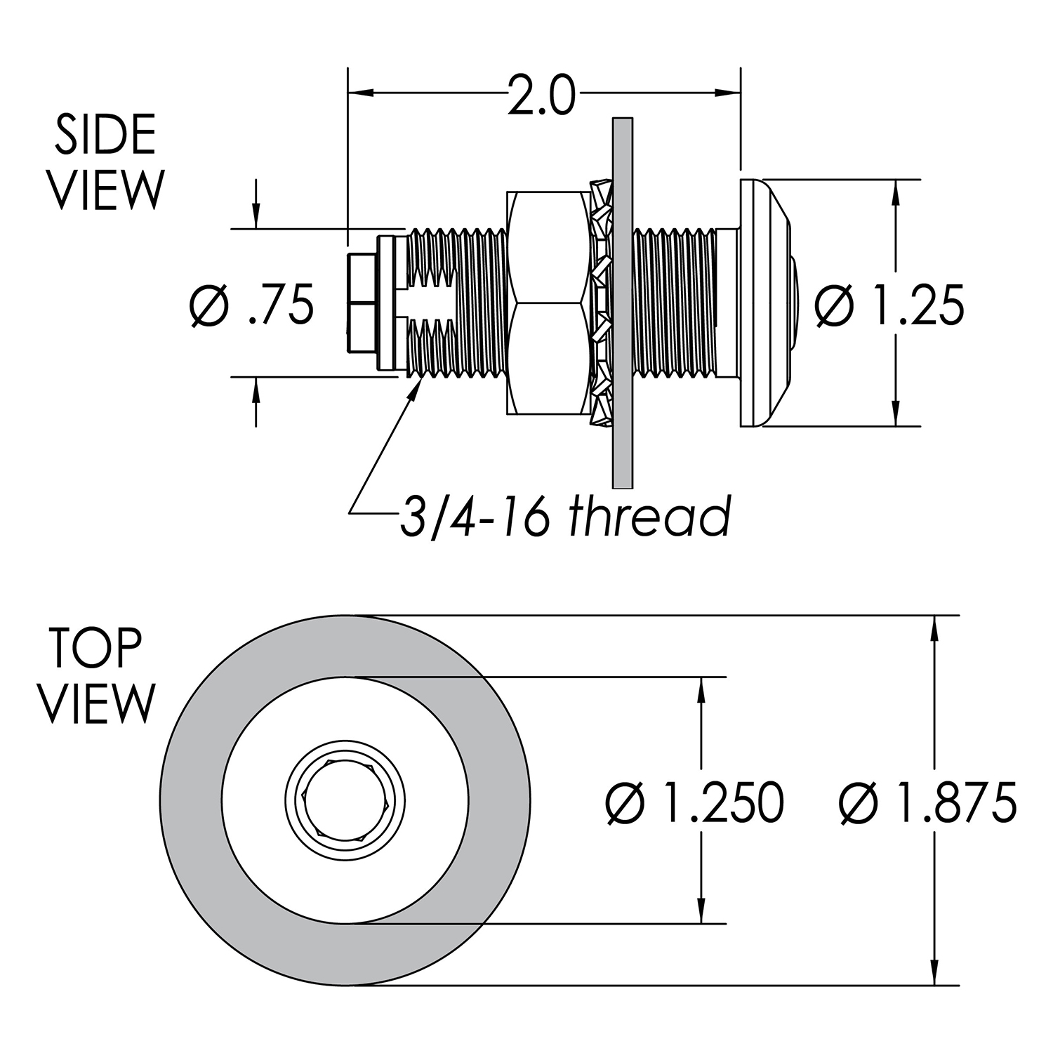 1/2″ Quick Release Fender Base with standard hex nut, spring loaded door and 2.25″ of threads – QRBSBWD-225 Product Image 3